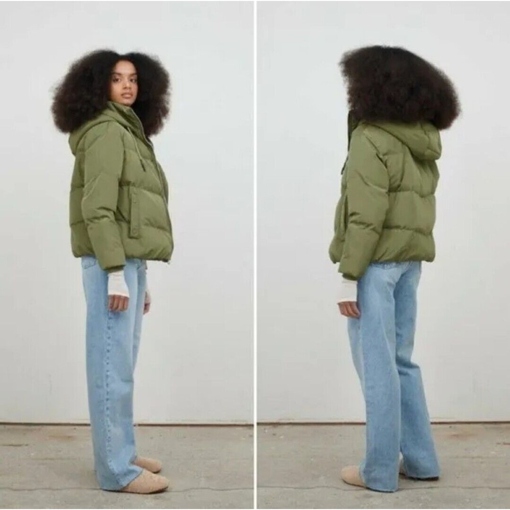 Jakke Size US 4 Poppy Recycled Puffer Jacket in Khaki Green Hooded Pockets $330